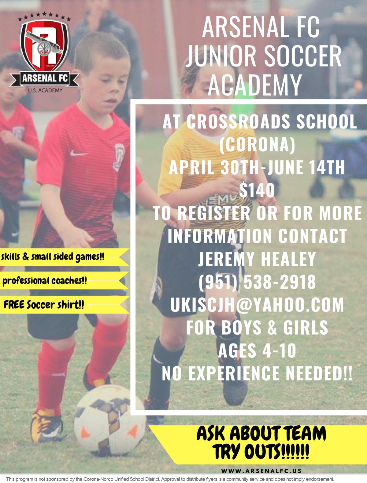 Peachjar Flyers - image of a flyer titled arsenal junior soccer academy registration open