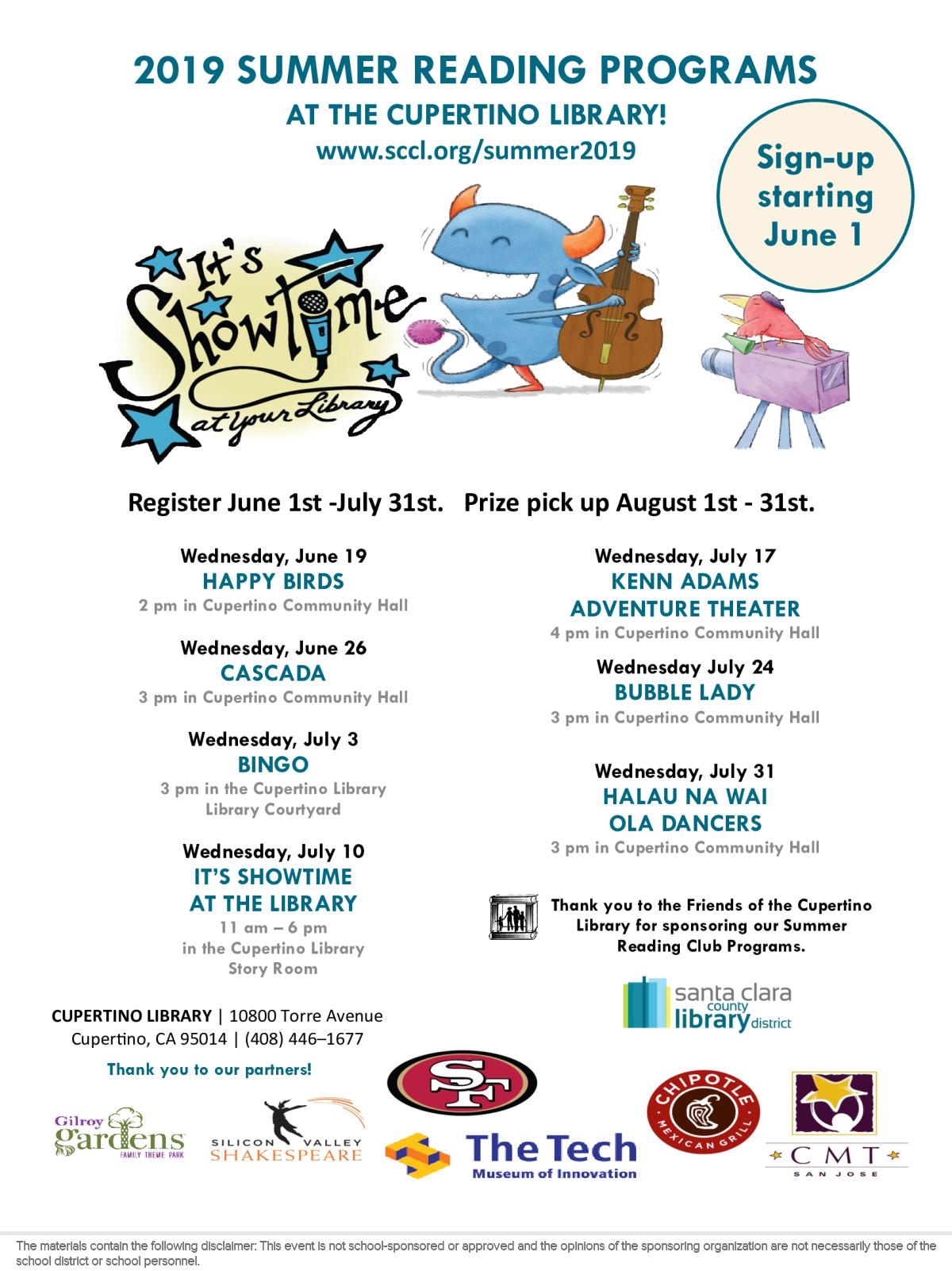 Peachjar Flyers - image of a flyer titled summer reading events at cupertino library