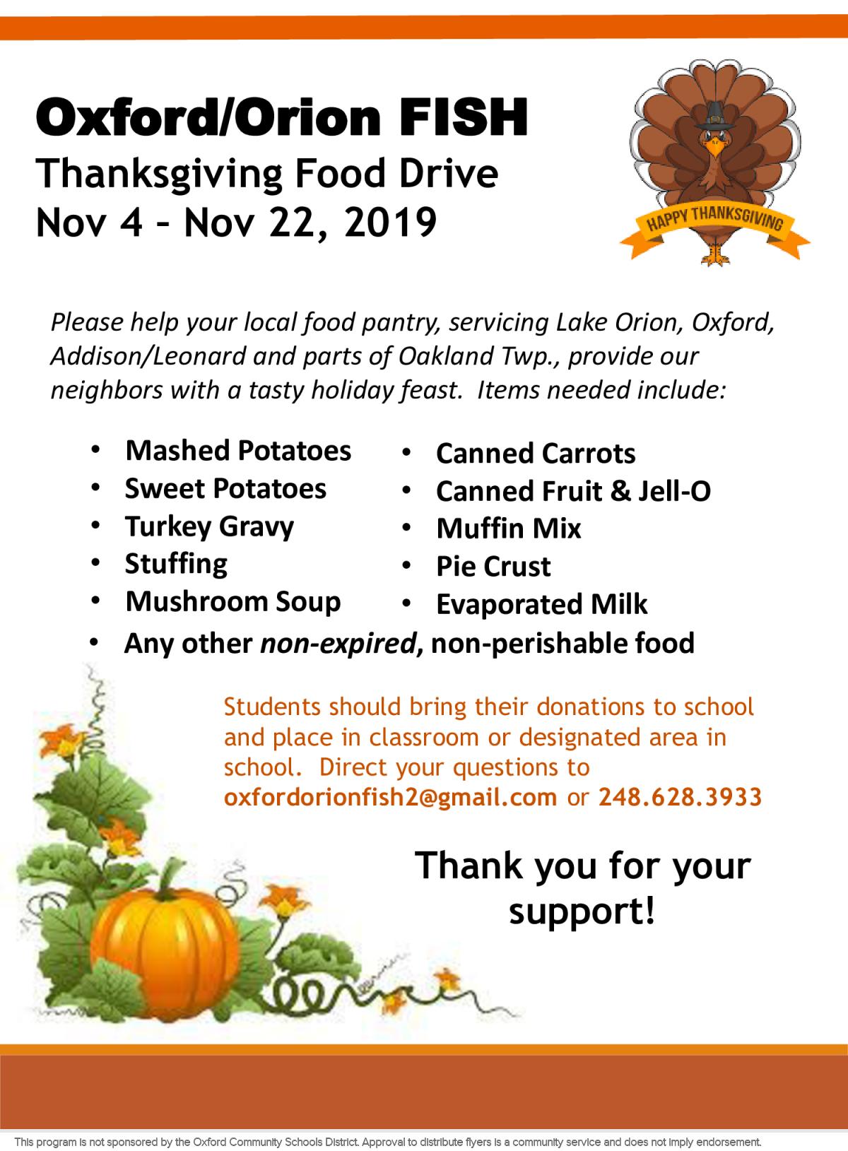 Oxford Orion Fish Food Pantry 2019 Thanksgiving Food Drive