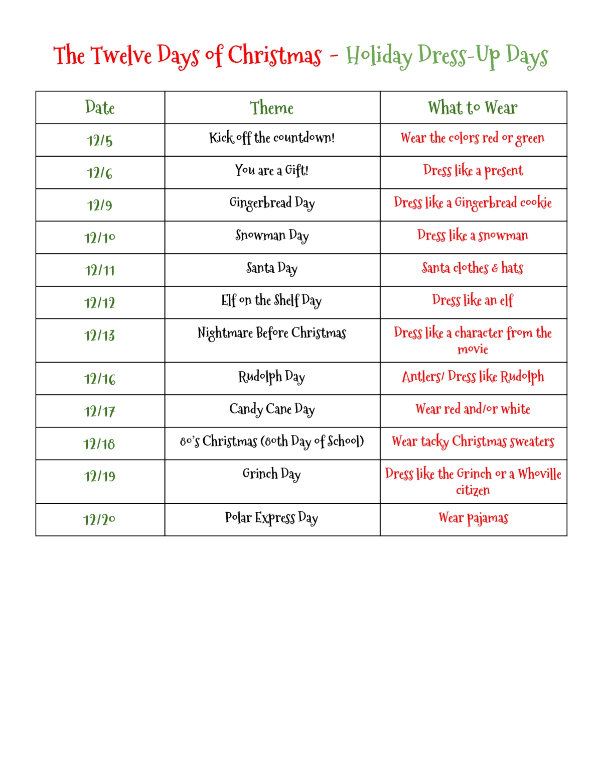 christmas dress up days